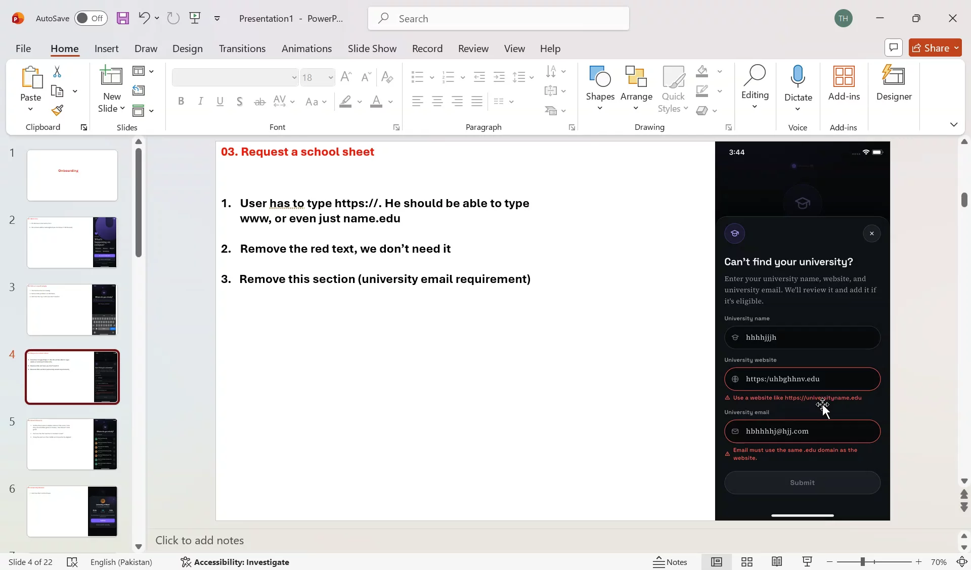 A client’s project review: a presentation with feedback on their app’s onboarding screens.